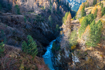 Gorge through which the river Orlegna flows down. The depth can be found near the Maloja Pass in Switzerland.