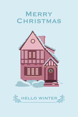 Trendy modern Xmas design with typography, overlay elements, candy cane, snowflake. Snow-covered house decorated for the holidays.