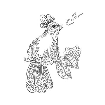 Coloring page fantasy paradise bird sitting on a blooming branch of tree and singing. Outline drawing in Zentangle style. 