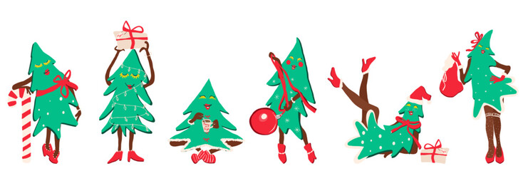 Fashion Christmas tree cute cartoon character graphics collection for card, poster, apparel design, party invitation, banner or print. Doodle style.