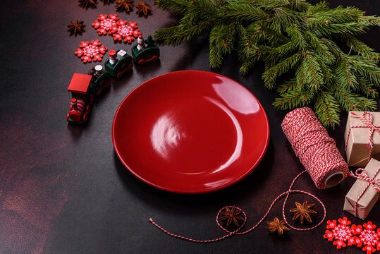 Christmas Table With Empty Plate And Surface With New Year's Decorations