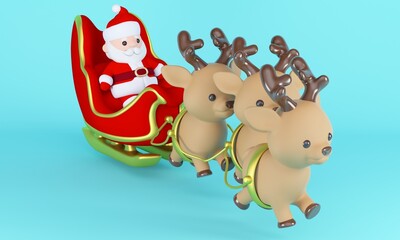 Santa Claus in sleigh with deer on a blue background. 3d rendering