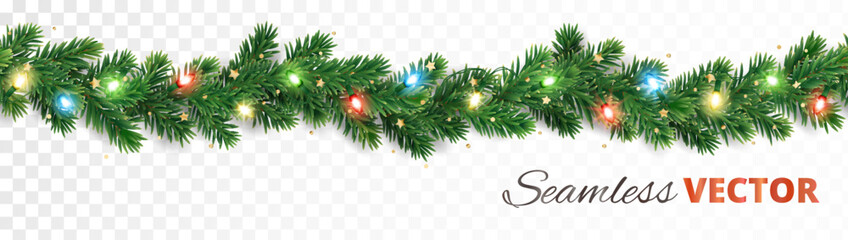 Christmas tree garland isolated on white. Realistic pine tree branches with Christmas lights decoration. © Olga Prozorova