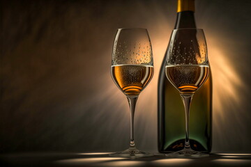 Glasses with champagne bottle in front of light play