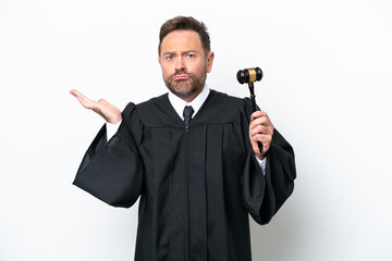 Middle age judge man isolated on white background having doubts while raising hands