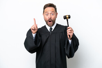 Middle age judge man isolated on white background intending to realizes the solution while lifting a finger up