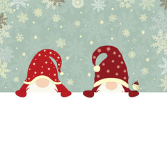 Greeting card with cute Christmas gnomes in red santa hats - 551140107