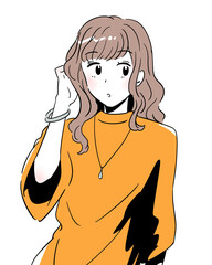 シンプルタッチ　Tシャツ姿のウェーブヘアーの女性　きょとん顔　ふちどり有り