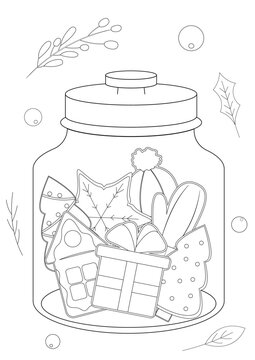 Coloring page for kids. Christmas cookies in a jar. Hand drawn illustration of a cookies. Layout in A4 size.