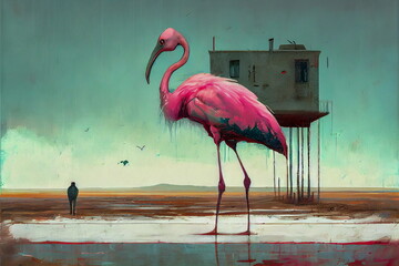 Suburban Surrealism, pink flamingo standing in the middle of nowhere - obrazy, fototapety, plakaty