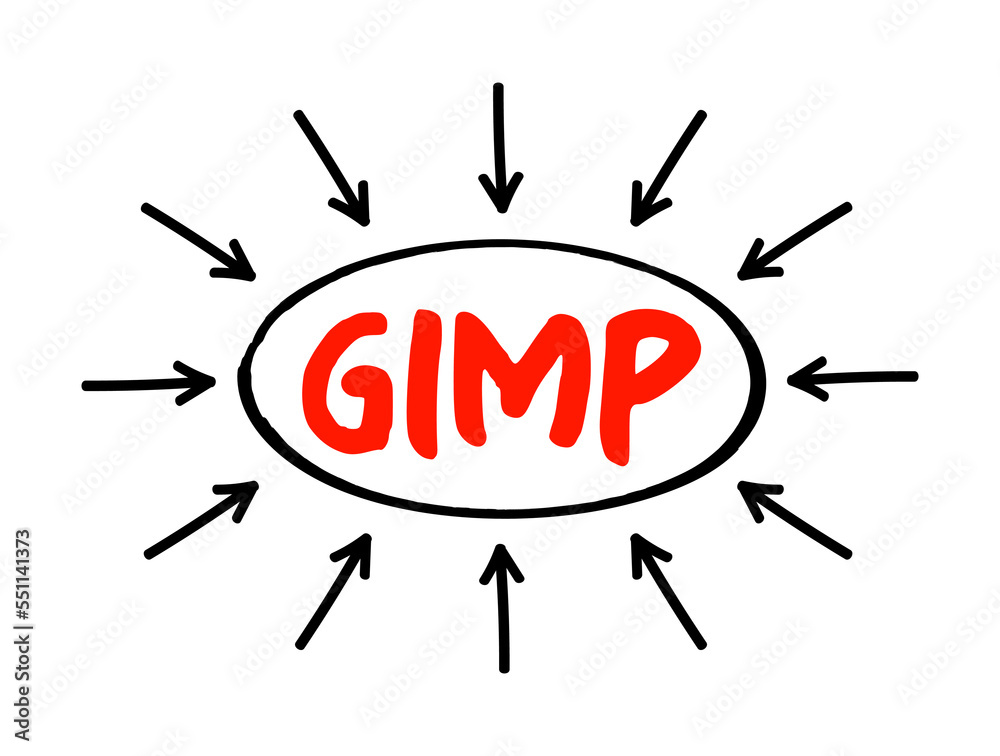 Poster GIMP Gnu Image Manipulation Program - free and open-source raster graphics editor used for image manipulation and image editing, acronym text with arrows