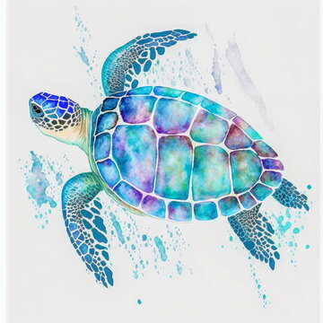 Big sea turtle watercolor painting, Sea life. watercolor sea turtle isolated on white background