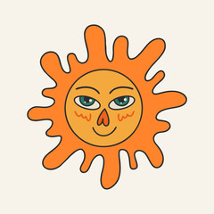Cute bright yellow sun with a joyful smile. Bright colors vector cartoon. For the design of children's fabric, wallpaper, books.