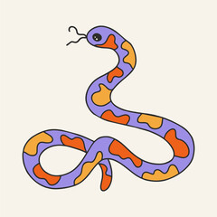 Vector psychedelic illustration of a snake. Retro clockwork graphic element. Cartoon mystical sticker. Bright boho print.