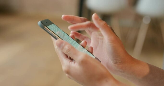 Hands, smartphone and woman on social media app for online connection, mobile communication and text messaging. Cellphone conversation, finger scrolling screen and digital technology in living room