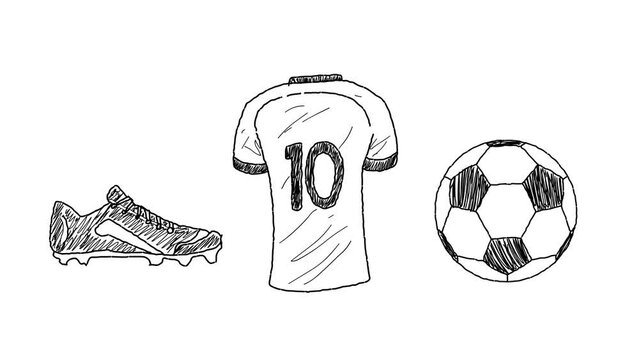 Animation with soccer balls, football boots, number 10 jerseys, in black pencil stroke on white background, cartoon, art.