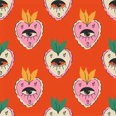 Sacred Mexican heart, my heart. Heart with eye and pattern. Cartoon style, seamless pattern. Color handmade postcard. Love romantic concept. Fashion vector illustration.