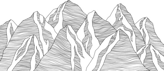 Mountain futuristic illustration. Background wavy lines. Nature sketch. Abstract landscape.