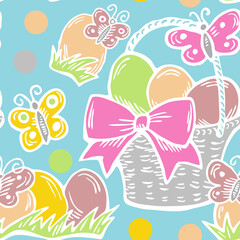 Easter seamless pattern with flowers, eggs, basket, spring decorative elements. Hand drawn illustration for textile print, fabric design, party decoration, scrapbooking, wallpaper and wrapping.