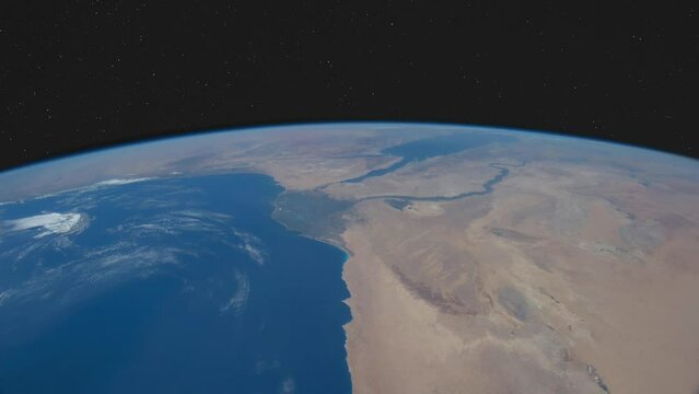 Flight over the Nile with stars above. Composed using photos from the International Space Station. Elements of this clip furnished by NASA.