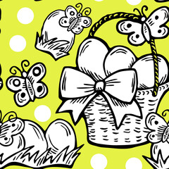 Easter seamless pattern with flowers, eggs, basket, spring decorative elements. Hand drawn illustration for textile print, fabric design, party decoration, scrapbooking, wallpaper and wrapping.