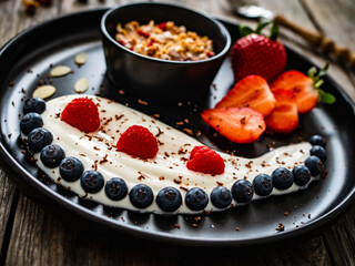 Yogurt with strawberries, blueberries, raspberries and muesli in bowl on wooden table
