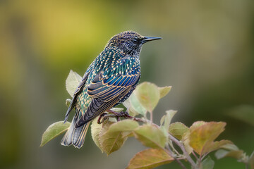 European starling, Sturnus vulgaris, sitting on a branch of an apple tree in autumn, feathers buff tipped after moulting, Germany