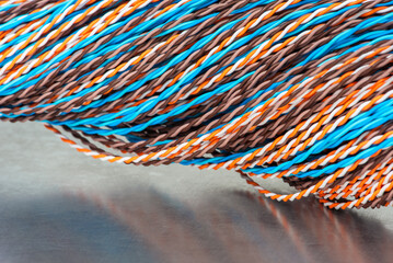 Colored electric telecommunication cables and wire close-up