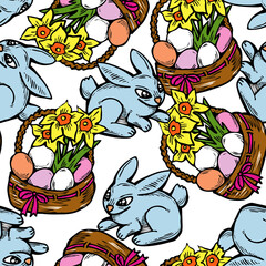 Easter seamless pattern with flowers, eggs, basket, spring decorative elements. Hand drawn illustration for textile print, fabric design, party decoration, scrapbooking, wallpaper and wrapping.