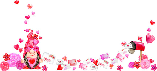 Fototapeta premium Watercolor cute valentines, galentines best friends girl gnome. Cartoon character with love letter illustration. Happy male, Valentine's day greeting, card, invitation, flyer