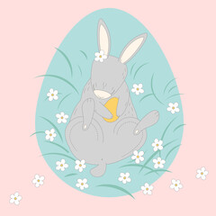 Cute Easter Bunny. lies in the grass. holds a colored egg in its paws. illustration in pastel colors