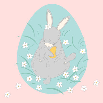 Cute Easter Bunny. lies in the grass. holds a colored egg in its paws. illustration in pastel colors