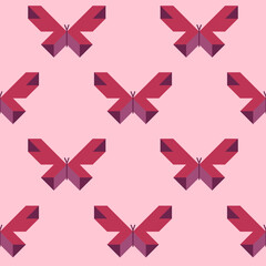 Geometric butterfly. Seamless pattern. Insect mosaic from polygons. Flat sketch vector illustration on pink background