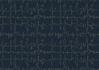 Hand-drawn unique abstract symmetrical seamless gold ornament on a deep blue background. Hearts and ribbons in cardiogram style. Paper texture. Digital artwork, A4. (pattern: pv03b)