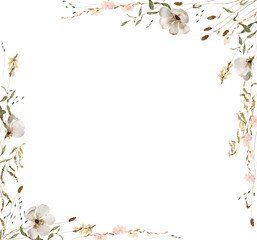 Wildflowers, herbs boho bouquet painted in watercolor. Dried pampas grass floral border. Botanical boho elements isolated on white. Wedding invitation, greeting, card, print, scrapbooking