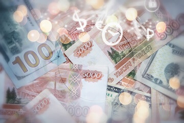 Big stack of Russian money banknotes of five thousand rubles. Money background. Currency exhange. Economic crisis. Rouble dollar cash.