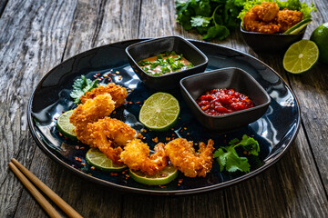 Fried panko prawns with lime, coriander and sauces wooden table 