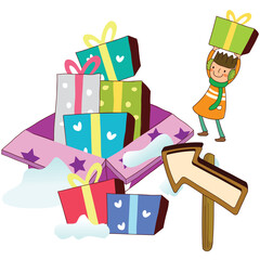 a child piled up with gifts
- 551145549