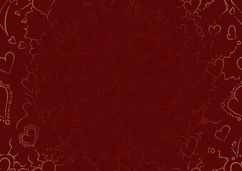 Hand-drawn ornament. Hearts and ribbons. Light red on a deep red background, with vignette of same pattern in golden glitter. Paper texture. Digital artwork, A4. (pattern: pv01a)