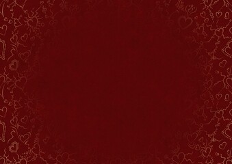 Deep red textured paper with vignette of golden hand-drawn pattern. Hearts and ribbons. Copy space. Digital artwork, A4. (pattern: pv01b)