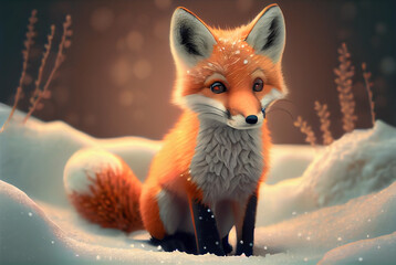 cute red fox baby cartoon dreamlike in snow, winter, Generative AI.