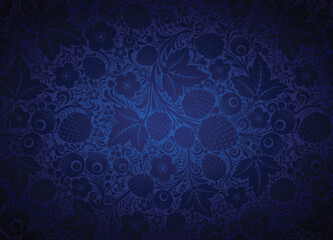 Decorative background in dark blue, sapphire, ultramarine with floral motifs, flowers, leaves and berries in the style of Russian Khokhloma painting. Vector illustration