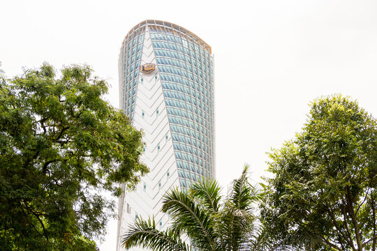Beautiful impressive blue skyscraper in Kuala Lumpur Malaysia.