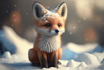 Cute fox baby in snow, winter, generative ai 