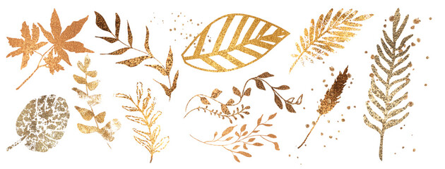 Big hand drawn colorful gold plant set - universally usable. Botanical, chic and trendy plants. Hand drawn lines, elegant leaves for your own design. Flower branch and minimalistic modern plants.