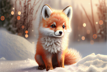 cute red fox baby cartoon dreamlike in snow, winter,christmas. generative ai
