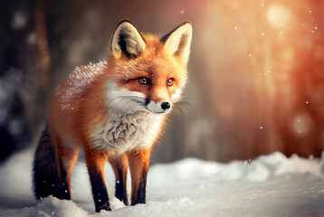 cute red fox baby cartoon dreamlike in snow, winter. generative ai.
