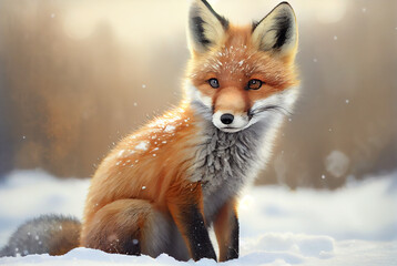 Obraz premium cute red fox baby cartoon dreamlike in snow, winter, generative ai.