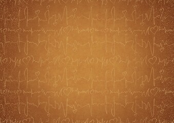 Gold ornament on a yellow background, with vignette of darker background color and splatters of golden glitter. Hearts and ribbons in cardiogram style. Paper texture. Digital artwork, A4. (pv03b)