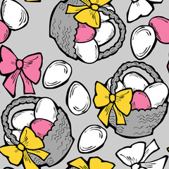 Easter seamless pattern with flowers, eggs, basket, spring decorative elements. Hand drawn illustration for textile print, fabric design, party decoration, scrapbooking, wallpaper and wrapping.